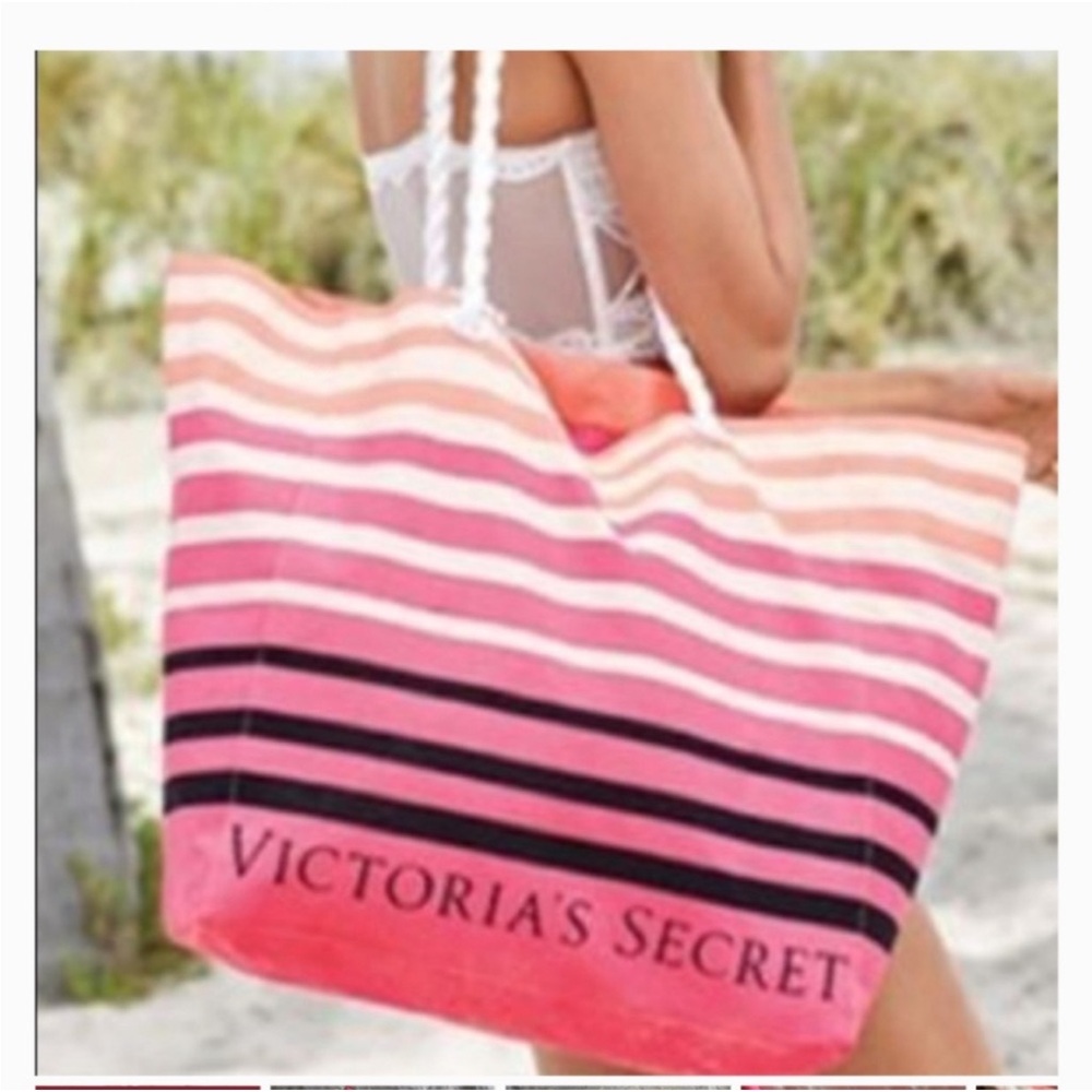 Victoria's Secret Coral and Pink Striped Beach Bag Tote